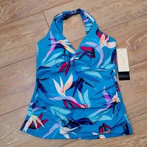 103. Profile by Gottex Underwire Tankini Top. Light blue tropical. Size 12. NWT